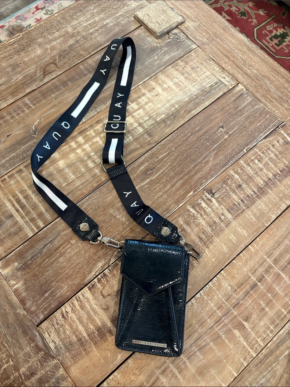 Quay Australia Black Patent Phone Crossbody Bag Logo Strap Wallet Pouch